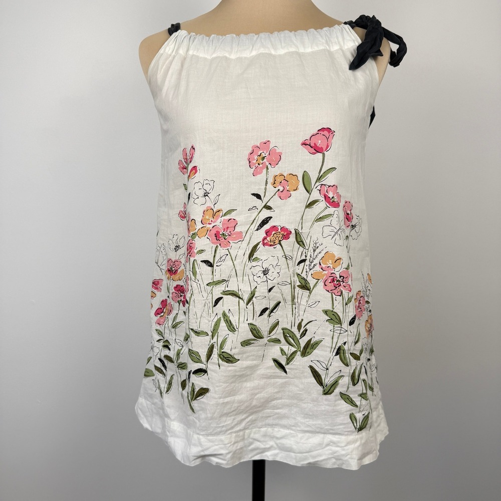 River Island Floral‎ Tie Shoulder Silk Trim Top Womens XS White Cottagecore